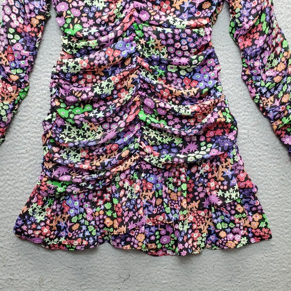 Zara Bodycon Dress Womens Small Multi Floral Lined Sweetheart Ruched Ruffle Hem - Picture 3 of 9